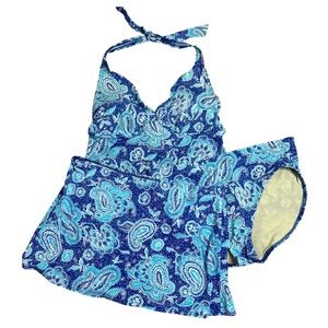 Lands’ End 3 pc Halter Tankini Bikini Skirt Sarong Swimsuit Blue Paisley